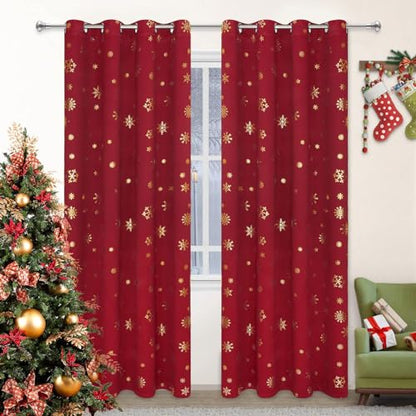 Red Snowflake Foil Print Christmas Curtains Set of 2, 52 x 96 Inches