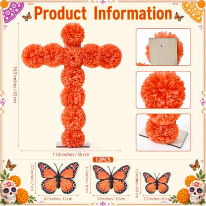 Day of the Dead Marigold Cross Decoration with Butterflies and String Lights