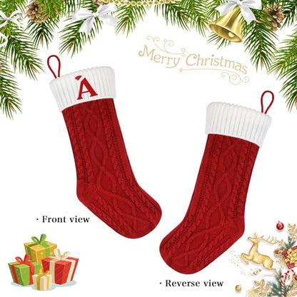 DIYASY Christmas Knitted Stockings with Letters - 20 Inch Large Holiday Stocking with Embroidered Alphabet - Red Xmas Gift Stocking for Christmas Decorations (Letter a)