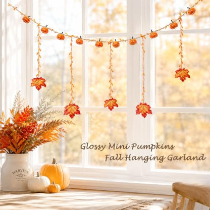 Fall Pumpkin Garland with Hanging Maple Leaves - 6.6 FT Decorative Autumn Decor