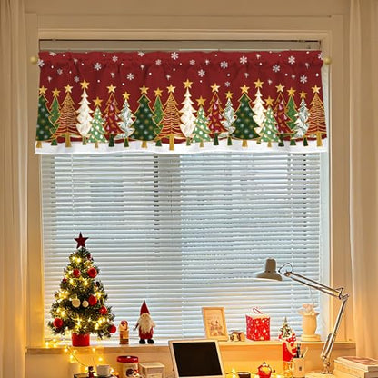 Christmas Window Valance 54x18 Inch Red Snowflakes & Trees Festive Curtain Pack of 1