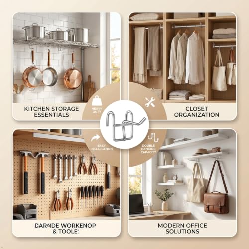 Heavy Duty Wire Shelf Hooks - Silver Metal Wall Mount Organizer, 4 Pack