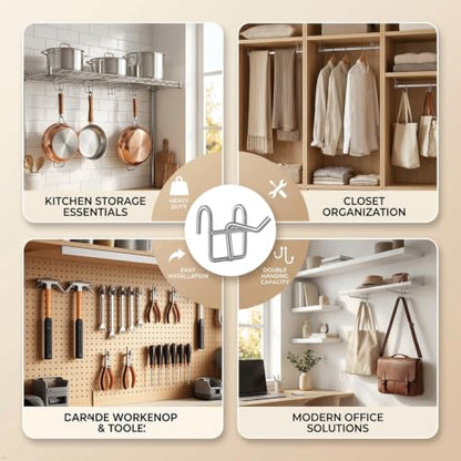 Heavy Duty Wire Shelf Hooks - Silver Metal Wall Mount Organizer, 4 Pack