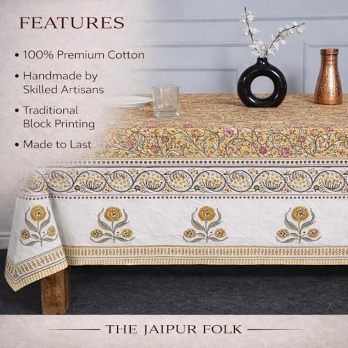 Pink Yellow Floral Rectangle Cotton Tablecloth 72x120 Inch Hand Block Printed Fall & Festive Decor