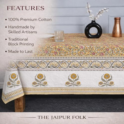 Pink Yellow Floral Rectangle Cotton Tablecloth 72x120 Inch Hand Block Printed Fall & Festive Decor