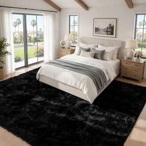 8x10 Black Fluffy Shag Area Rug - Washable, Non-Slip Bedroom Living Room