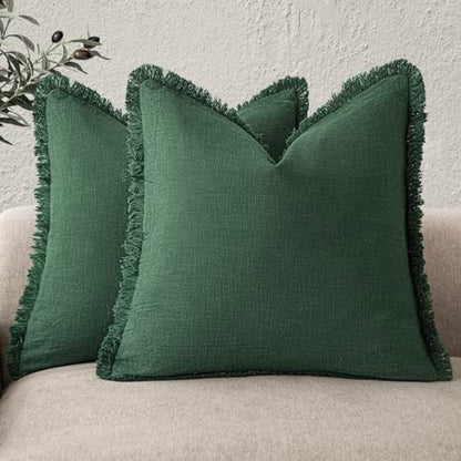 Foindtower Set of 2 Decorative Linen Fringe Throw Pillow Covers Cozy Farmhouse Cushion Cover with Tassels Accent Pillowcase for Couch Chair Sofa Bed Living Room Home Decor,18×18 Inch,Dark Olive Green