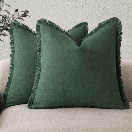 Foindtower Set of 2 Decorative Linen Fringe Throw Pillow Covers Cozy Farmhouse Cushion Cover with Tassels Accent Pillowcase for Couch Chair Sofa Bed Living Room Home Decor,18×18 Inch,Dark Olive Green