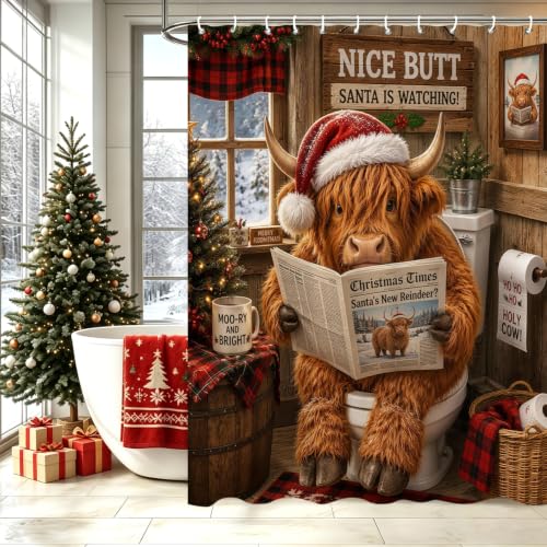 Christmas Highland Cow Theme Waterproof Shower Curtain Set with 12 Hooks - 72x72 In - Brownred