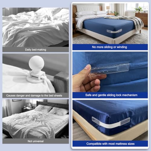 Bed Sheet Holders for Corners 4 Pack - Heavy Duty Fitted Sheet Grippers with Sliding Locks