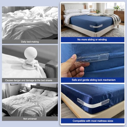 Bed Sheet Holders for Corners 4 Pack - Heavy Duty Fitted Sheet Grippers with Sliding Locks