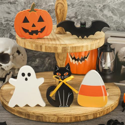 Halloween Wooden Decor Signs Set - Ghost Pumpkin Bat Black Cat Candy Corn