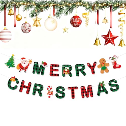 Christmas Banner with Santa Gingerbread & Tree Patterns - Red Green Buffalo Plaid Holiday Decor
