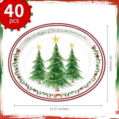 Christmas Tree Oval Paper Plates 10x12 Inches - Holiday Disposable Dinnerware, Merry Christmas Tableware for Xmas Party Supplies
