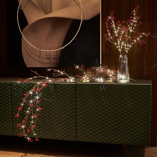 Lighted Red Berry Branches with Timer & Fairy Lights - Battery & USB Operated, 32 Inch Christmas Holiday Decor - Red Berry Variation