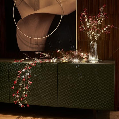 Lighted Red Berry Branches with Timer & Fairy Lights - Battery & USB Operated, 32 Inch Christmas Holiday Decor - Red Berry Variation