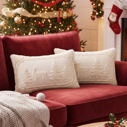 Christmas Tree Deer Lumbar Pillow Covers Set 12x20 Inch - Holiday Decor