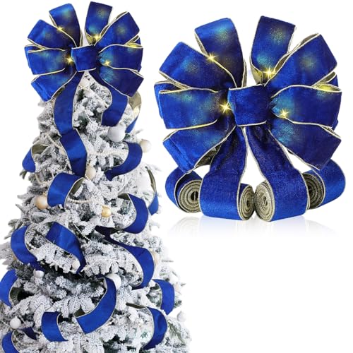 Velvet Christmas Tree Topper Bow with LED Lights - Royal Blue Large 12.6x118 Inch with Ribbon Streamers