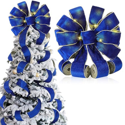 Velvet Christmas Tree Topper Bow with LED Lights - Royal Blue Large 12.6x118 Inch with Ribbon Streamers