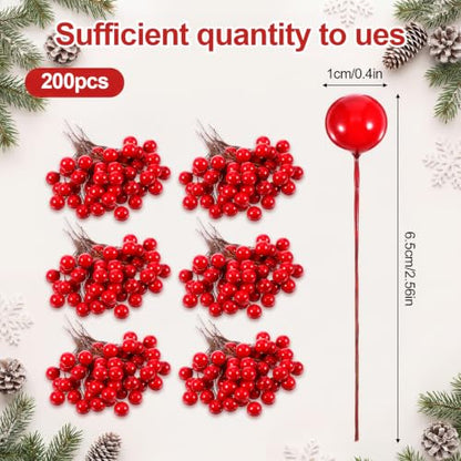 Artificial Holly Berry Picks - Red Foam Holiday Decorations for Wreaths & Crafts, 200 pcs