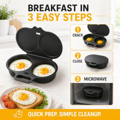 Dual Cavity Microwave Egg Poacher with Lid & Handle - Black, 2 Eggs, Nonstick