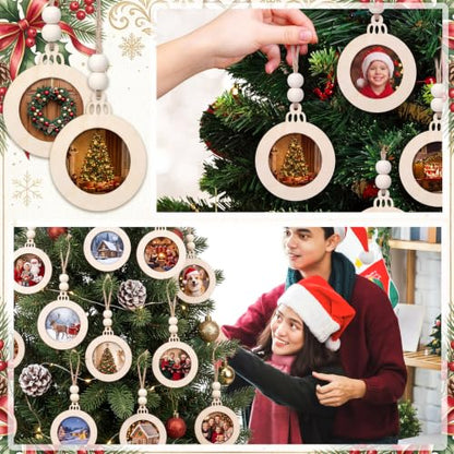 Christmas Photo Frame Ornaments Set - 12 Wooden Holiday Decorations with Beads & Ropes (Classic)