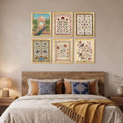 Scandinavian Vintage Floral Wall Art Set - Indian Floral Variation, 6 Pieces