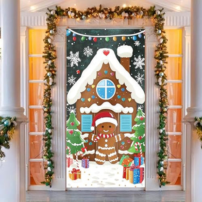 Gingerbread House Holiday Door Cover - Christmas Porch Decor 35x71 in