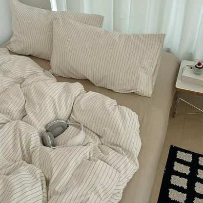 Queen Beige Striped Comforter Set - All Season Microfiber Bedding 3pcs