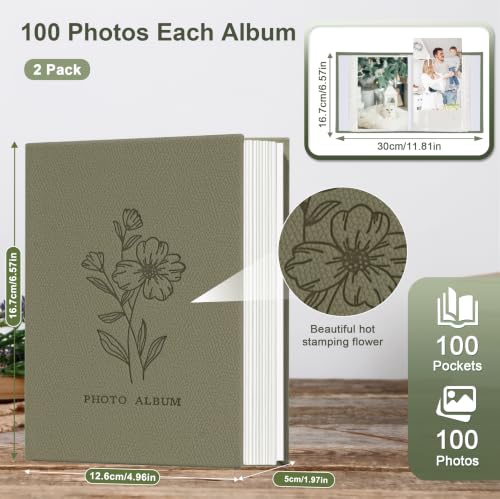 RECUTMS 2 Pack Small 4x6 Photo Albums with Dark Green Leather Cover, 100 Pockets Each