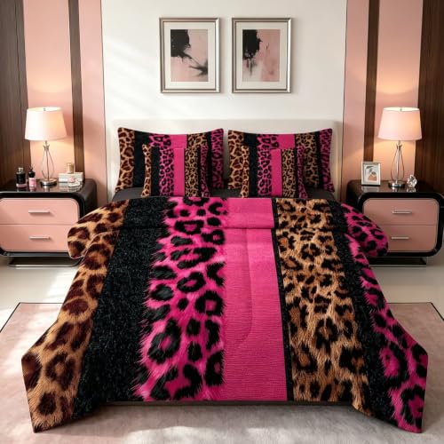 Pink Leopard Print Comforter Set Queen Size for Teens & Adults - Variation Hot Pink 07