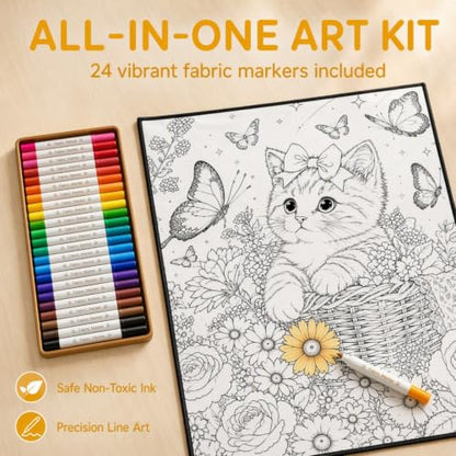 DIY Coloring Blanket Kit with 24 Markers - Kids Hand-Drawn Doodle Throw Blanket - Soft Cozy Reusable Washable Craft Gift - Variation #A