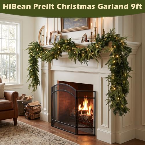 HiBean 9 FT Prelit Christmas Garland - Class Green with Warm Lights & Timer
