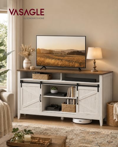 VASAGLE Farmhouse TV Stand for 65 Inch TV, Rustic White & Honey Brown