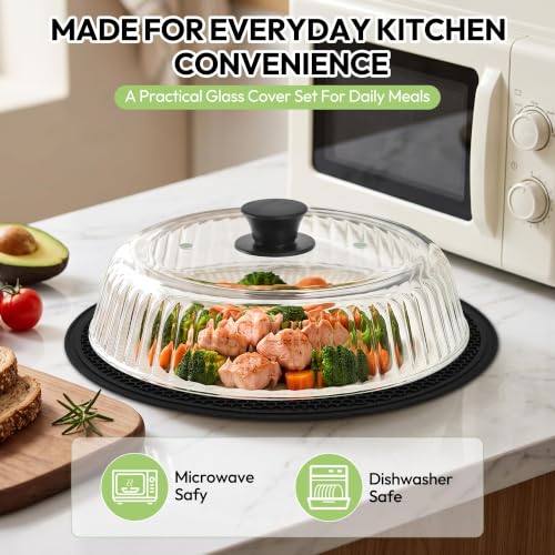 Black Glass Microwave Cover 10 Inch Splatter Guard with Silicone Mat & Vent Holes