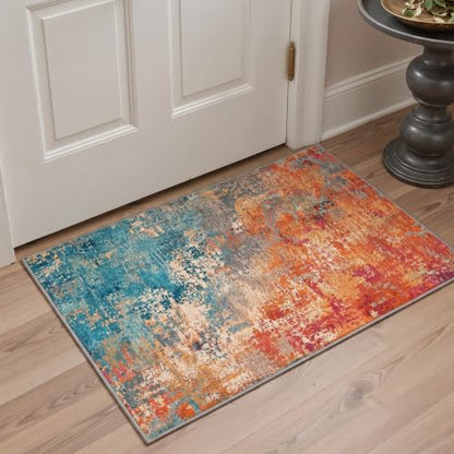 Washable Abstract Runner Rug 2x5 ft Non-Slip Entryway Carpet - Aqua Saffron