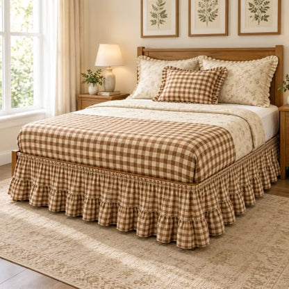 Brown and White Gingham Bed Skirt with Ruffles, 16-Inch Drop