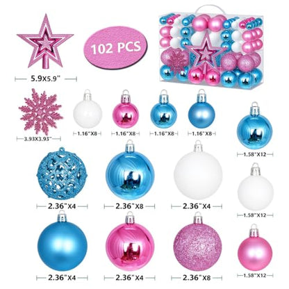 Christmas Balls Tree Ornaments Set - Pastel Pink Blue White 102 Pcs Holiday Decorations