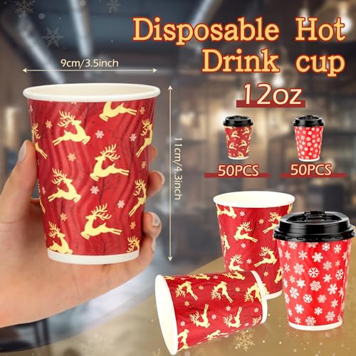 Christmas Cups with Lid 12oz Elk Snowflake Design - Pack of 100, Holiday Party Tableware