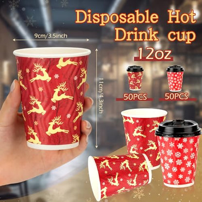 Christmas Cups with Lid 12oz Elk Snowflake Design - Pack of 100, Holiday Party Tableware