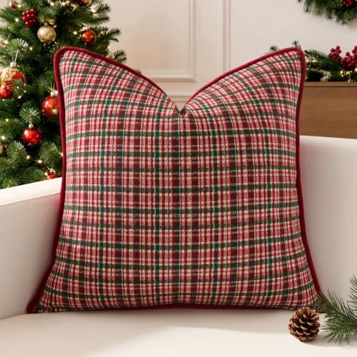 Christmas Plaid Pillow Cover 18x18 with Velvet Piping - Red, Kevin Textile Variation C-Red/18"