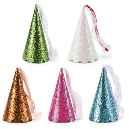 5 Pcs Glitter Princess Party Cone Hats with Ribbons and Tassels