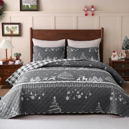 Grey Christmas King Quilt Set with Pillow Shams - Snowflake Elk Tree 96x106