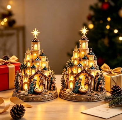 White Bethlehem Nativity Church Light Tower with Holy Family Tabletop Decor
