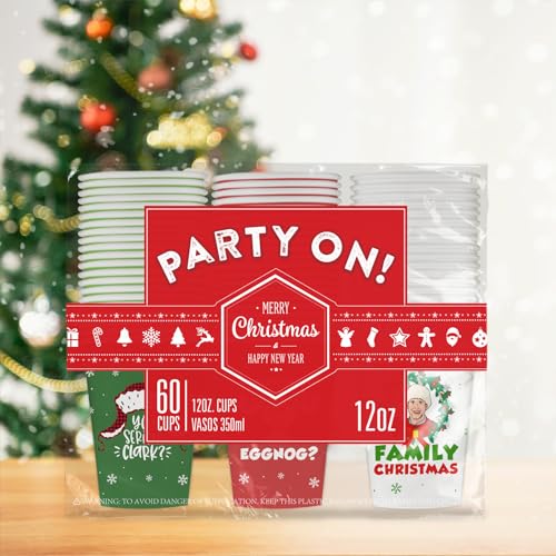 Christmas Vacation Party Cups - 60 Disposable 12 oz Holiday Paper Cups for Hot Beverages