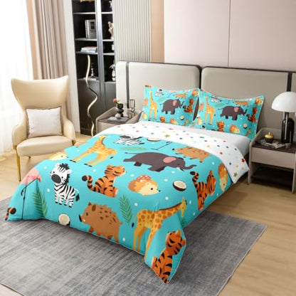 Blue Full Size Cartoon Animal Duvet Cover Set 3pcs - Tiger, Hedgehog, Zebra