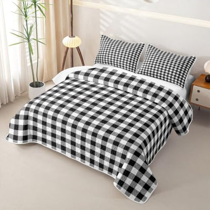Black White Grid Quilt Set Twin Size with Pillowcase Kids Bedroom Decor