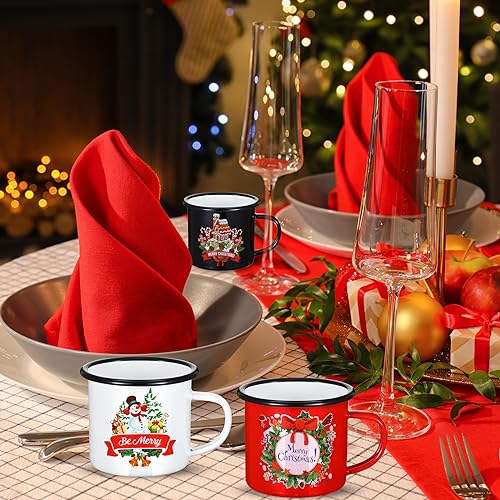 12-Pack Christmas Enamel Coffee Mugs - Holiday Camping Cups 12 oz
