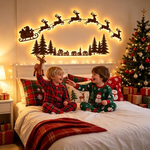 Christmas Sleigh Reindeer Set - 8-Piece Holiday Wall Scene with LED Lighting