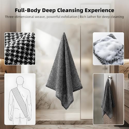 Exfoliating Shower Towel Set - 3 Pack, Dual-Sided Mesh for Body Scrubbing